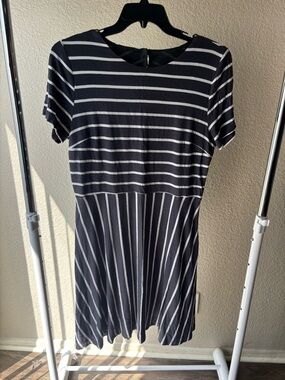 LOFT Black and White Striped Short-Sleeve Mini Dress
